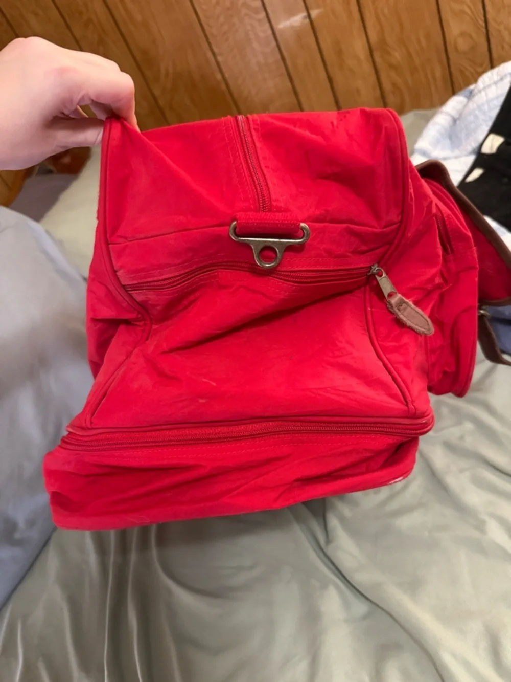 Marlboro Red Canvas Duffel Bag with Brown Leather Flap